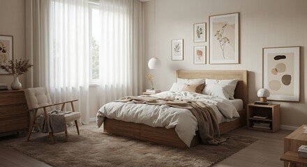 Bedroom Interior with Bed, Chair, and Natural Light