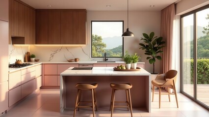 Modern Pink and Wood Kitchen Island Design with Natural Light and Tranquil View