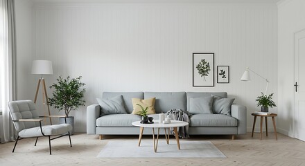 Living Room Interior with Gray Sofa and White Walls