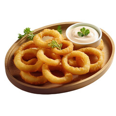Crispy Onion Rings with Dipping Sauce on a Wooden Plate on transparent background