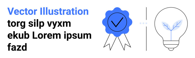 Blue achievement ribbon with checkmark beside lightbulb sprouting leaves, highlighting growth, success, and creativity. Ideal for business, education, motivation, sustainability, innovation