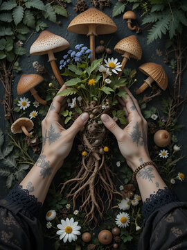 Vintage magic plants, witch hands, Witchcraft mystery, mandrake root, mushrooms, flowers, chamomile, amanita, fern leaves