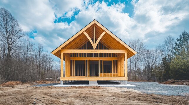 Rural wood frame house construction, spring