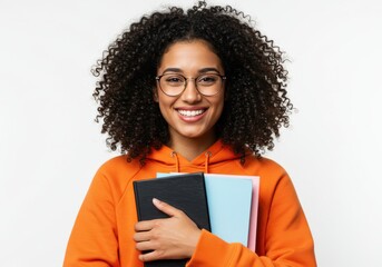 Smiling woman with curly hair wearing glasses and orange hoodie holding books on a white background