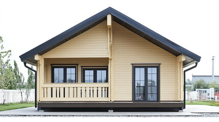 modern prefabricated house with wooden exterior and large windows