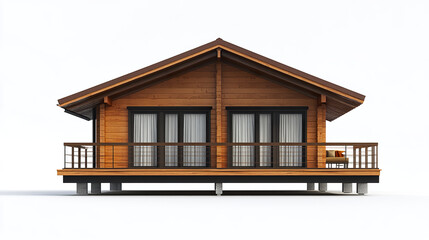 Wooden prefabricated house with large windows on white background
