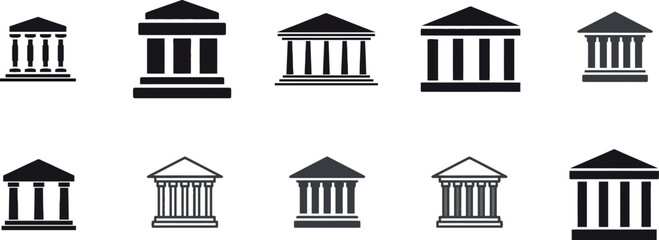 Classical Building Icons: Minimalist Line Art Architectural Symbols
