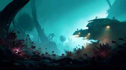 Art Spaceship Overview Crashed Plants Warship Landscape
