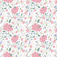 Beautiful pink wild flowers seamless pattern with leaves, create fabric, card. In vector technique. Hand droving wild flowers pattern