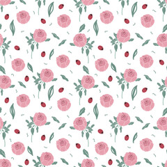 Beautiful peonies and ladybug wild flowers seamless pattern with leaves, create fabric, card. In vector technique. Hand droving wild flowers pattern