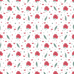 Beautiful red roses, leaves, heart and dots seamless pattern in vector technique, on white background. Create fabric, card, banner and more 