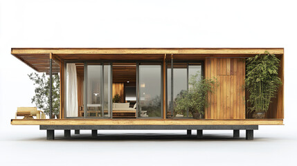 Fototapeta premium Modern prefabricated house with wooden exterior and large windows