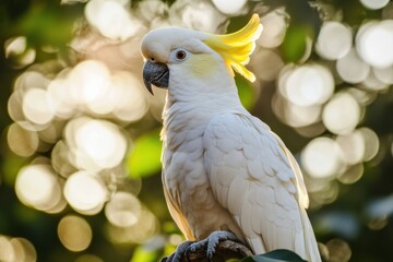 White cockatoo with yellow crest perched peacefully in a clean studio setting under soft lighting