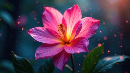 A Vivid Pink Blossom, Illuminated by Enchanting Dust Motes, Glows with an Inner Light Against a Dark Background