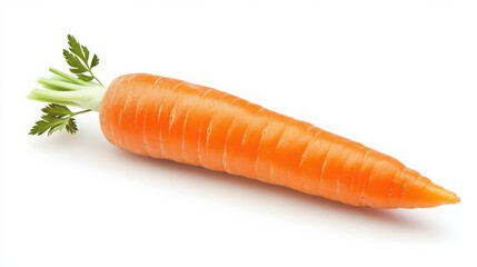 Fresh orange carrot with green tops on a white background.