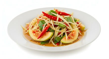 Spicy papaya salad isolated on white background Spicy p