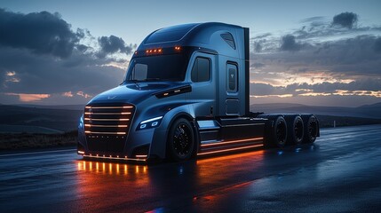 A majestic container truck, its sleek lines reflecting the golden hues of a setting sun, navigates a highway bathed in soft blue light, its cargo destined for global markets, symbolizing the 