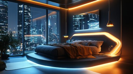 Futuristic Nightscape Bedroom: A Modern Metropolis View