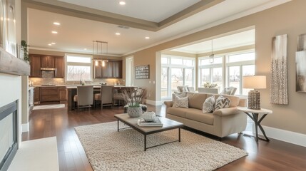 Spacious living room with modern lighting fixtures, neutral colors, and open space for relaxation.