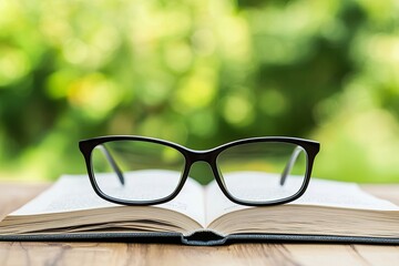 Glasses on an Open Book with Blurred Green Background in Natural Light for Reading and Learning Themes