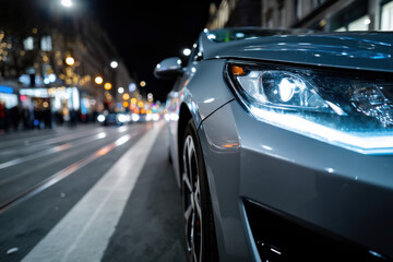 Electric powered car drives on city street while night