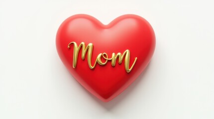 Fototapeta premium 3D render, red heart with golden “Mom” text in elegant script centered on white background, soft shadows, clean and minimal composition