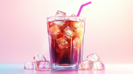 A refreshing glass of cola filled with ice and a pink straw, set against a colorful background.