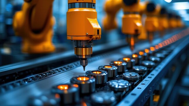 A symphony of metal and light, an intelligent factory production line, its every move choreographed by AI, generating a vibrant image of industrial efficiency and technological advancement. 