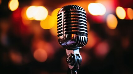 Vintage microphone on stage. Bokeh effect