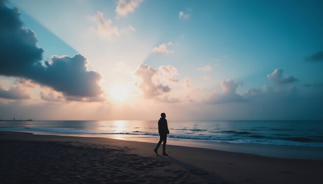 Solitary Silhouette at Dawn: A lone figure, silhouetted against the tranquil canvas of dawn's embrace, saunters along the shoreline. Gentle waves lap the sand as the horizon awakens.