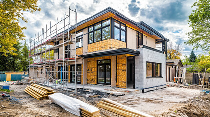 Modern wooden house under construction with scaffolding and sanded ground, large windows and wooden siding in background house, materials on site, bright blue sky with partially built house.