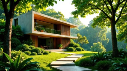 Fototapeta premium Modern architectural design nestled in lush green foliage, a tranquil pathway leading to a contemporary home surrounded by vibrant natural landscape