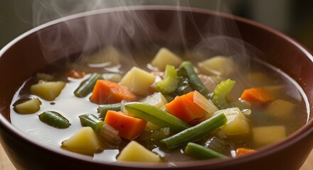 Bowl of vegetable soup emitting steam