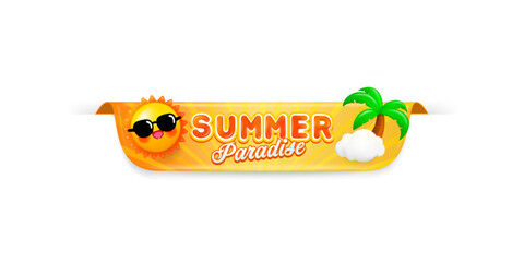 Summer label and elements with, sun and coconut tree 3d style. 3d banner and badges design.