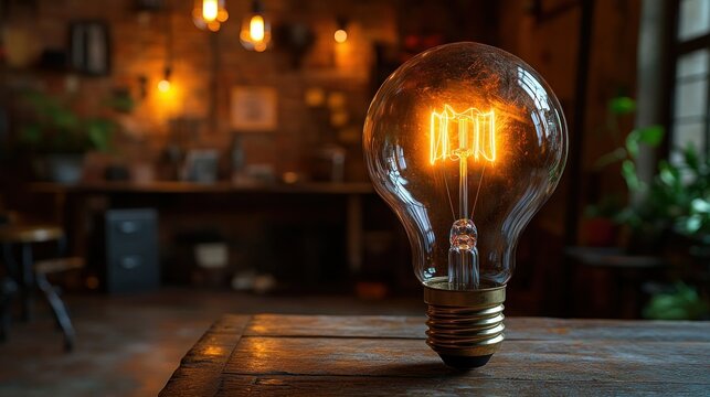 Warm glow of a vintage Edison bulb in a rustic cafe setting