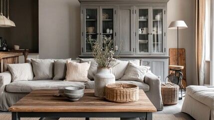A rustic Scandinavian-inspired living room featuring a wooden coffee table and soft grey tones.