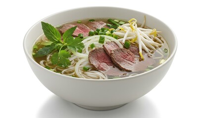 Vietnamese Pho soup with beef and vegetables isolated on white background