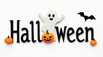 Modern Halloween lettering with ghost and pumpkin illustrations on white background, flat lay design