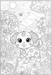 Playful puppy in a whimsical garden scene  