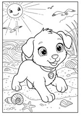 Playful puppy coloring page at the beach with sun and ocean  