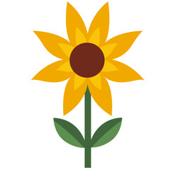A bright yellow sunflower with green leaves and stem in a flat cartoon style, ideal for nature, summer, and botanical design themes.