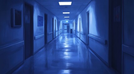 Naklejka premium A deserted, gloomy hospital hallway with shadows filling the space and a faint light illuminating the walls 