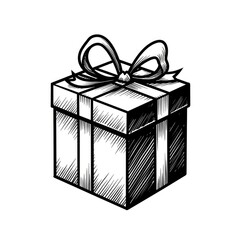 Minimalistic line drawing of a gift box with a bow, clean, elegant, and sophisticated style.