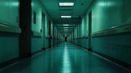 A desolate hospital corridor, with no life, dark shadows filling the space and a cold atmosphere