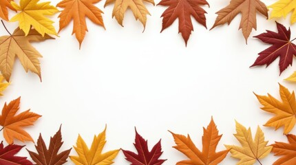 Fototapeta premium Autumn leaves frame with vibrant red and orange foliage, rustic wooden background, seasonal nature decor concept.