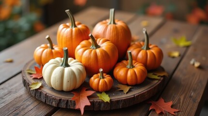 Table decor with small pumpkins in orange and white, rustic wooden table, autumn leaves, cozy fall centerpiece concept