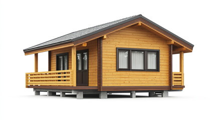 Small wooden prefabricated house with porch on white background