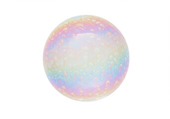Iridescent soap bubble floating against a stark white background in a studio setting view