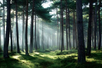 Ancient pine forest with sunbeams