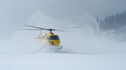 Obraz premium A yellow rescue helicopter bravely flying through a heavy snowstorm battling the harsh winter elements to reach and assist those in need